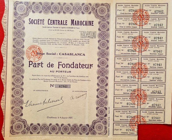 Kötvények vagy részvények kollekciója - Marokkó – Casablanca – Société Centrale Marocaine – Alapítói részesedés – 1927 – kuponok