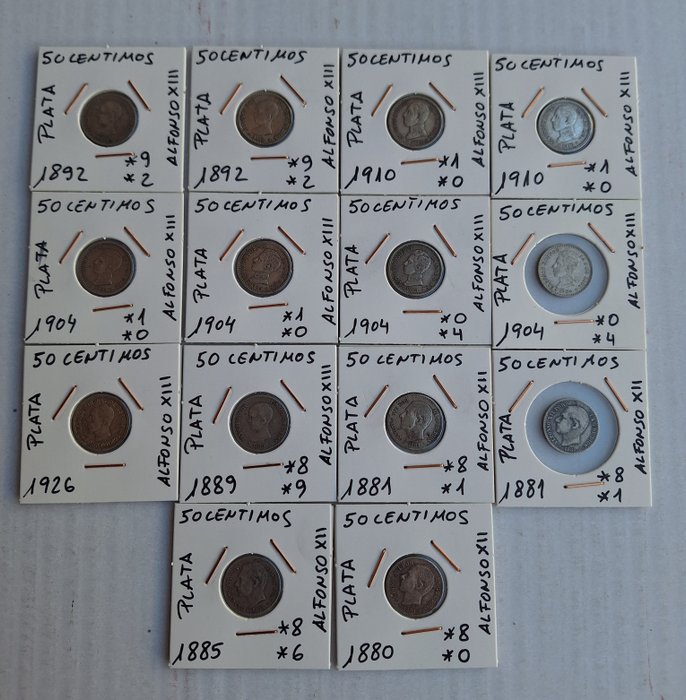 西班牙. 50 centimos 1880-1926 (Lote de 14 monedas)  (沒有保留價)
