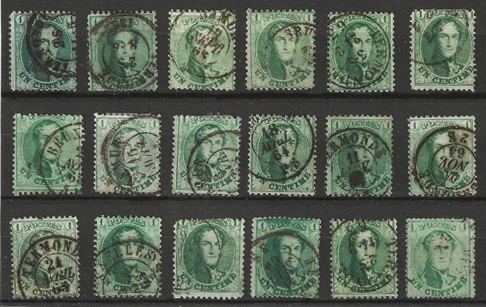 Belgium 1863 - Lot de 18 médaillons 1c vert dentelés oblitérés pour nuances, variétés gravure ....