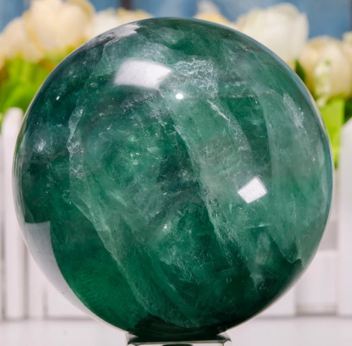 Natürliche grüne Fluorit-Quarz-Crysta-Kugel poliert - Höhe: 87 mm - Breite: 87 mm- 1100 g - (1)