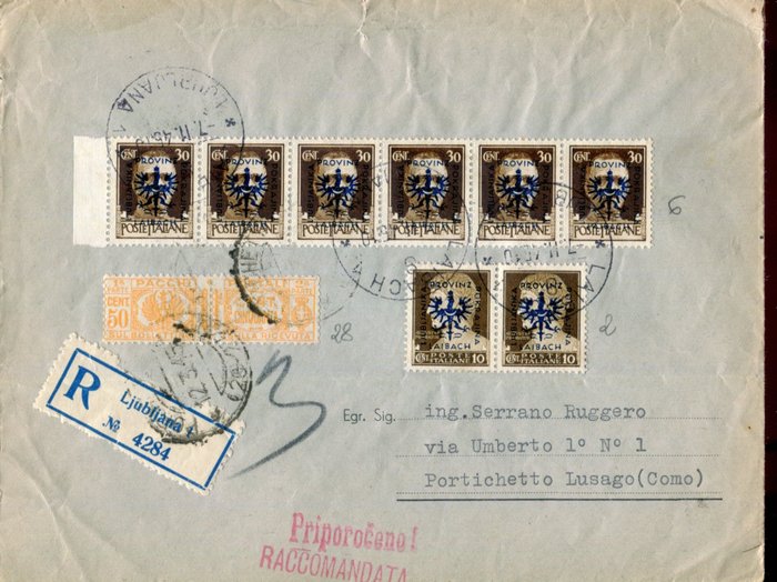 Ljubljana német megszállás 1944 - Ajánlott levél sürgősségi postaköltséggel.Közönséges posta és postacsomagok - Sassone 2, 6, Pacchi 28