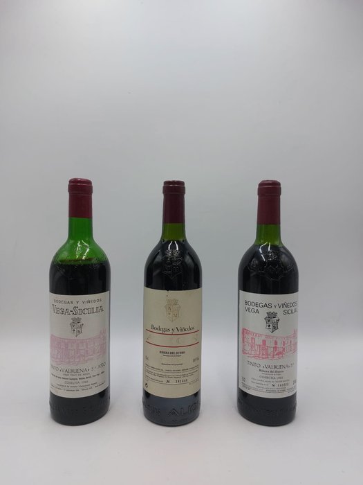 1980, 1992 Vega Sicilia, Tinto Valbuena 5º Año & 2002 Bodegas y Viñedos Alión - Ribera del Duero - 3 Flasker  (0,75 l)