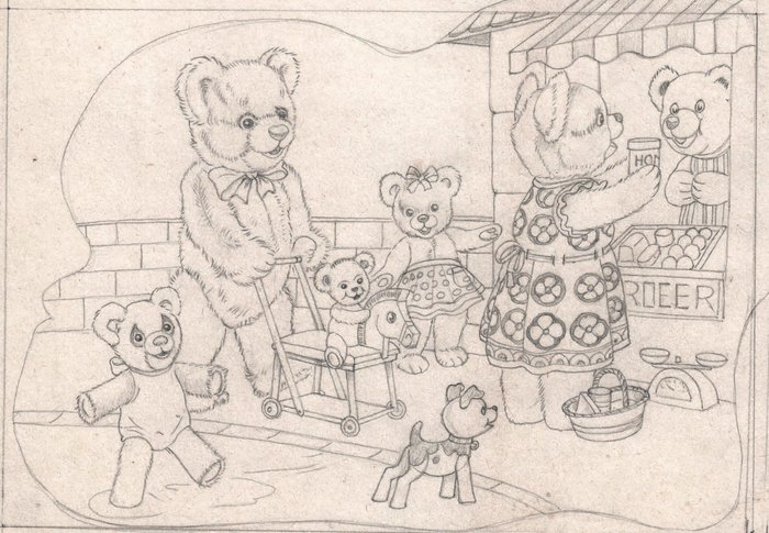 Helen Haywood - Uitgewerkte originele schets voor het kinderboek 'Our Teddy Bears'