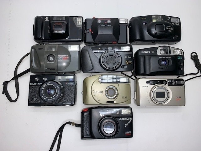 Agfa, Canon, Fuji, Minolta, Pentax, Revue, Rollei, Le Clic, Hanimex, Goldline Lot van 10 camera’s 類比相機