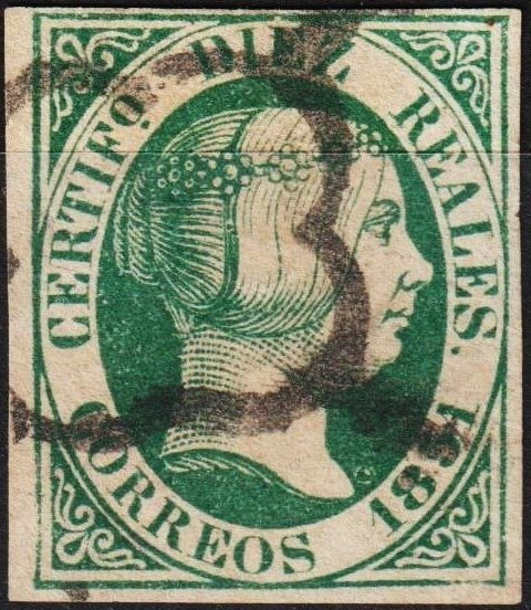 西班牙 1851 - 海豹 - Edifil 11 - Isabel II - 10r verde. Gran color