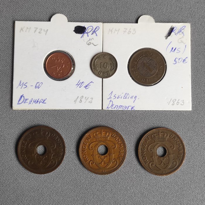 Danmark. A lot of 6x Old Danish coind 1842-1939  (Ingen mindstepris)