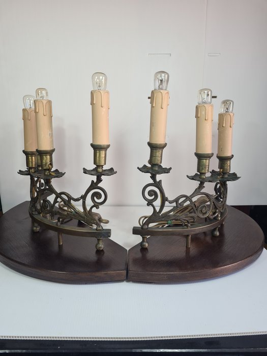 candelabri mezza luna - Candlestick restored - (2) - Brass, Wood