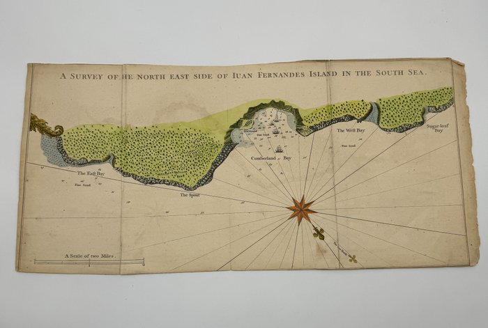 America, Map - South America / Isla Robinson Crusoe / Juan Fernandez Island Chile; George Anson - A Survey of the North East side of Juan Fernandes Island in the South Sea - 1721-1750