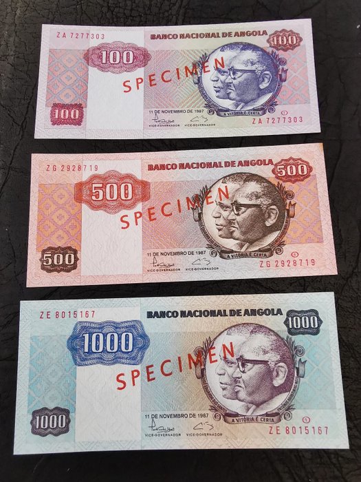Angola. - 100, 500, 1000 Kwanzas 1987 - SPECIMEN overprint - Pick 119bs, 120bs, 121bs  (Sem preço de reserva)