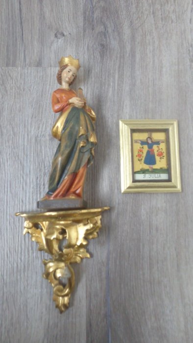 Snideri, farbige Holzfigur Heilige Hl. Barbara von Nikomedien mit Turm Handgeschnitzt + handbemalt + - 30 cm - Glas, Trä