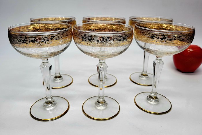 Cre Art - Champagneglas (6) - .999 (24 kt.) guld, Krystal, Champagne
