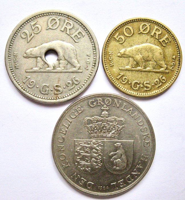 Grönland. 25, 50 Ore & 1 Krone 1926-1964 (3 different pieces)  (Utan reservationspris)