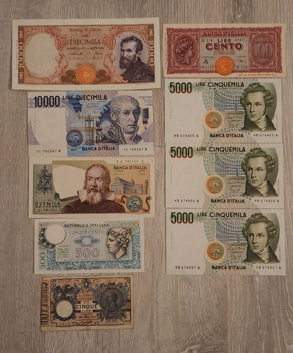Italia. 9 banknotes Lire 1915-1984  (Ei pohjahintaa)