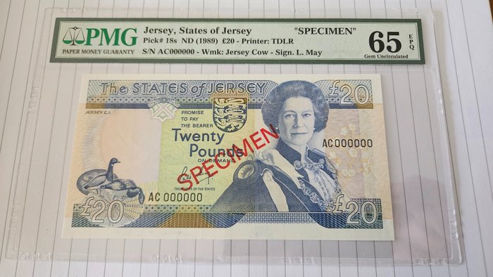 Jersey. - 20 Pounds 1989 - SPECIMEN - Pick 18s  (No Reserve Price)