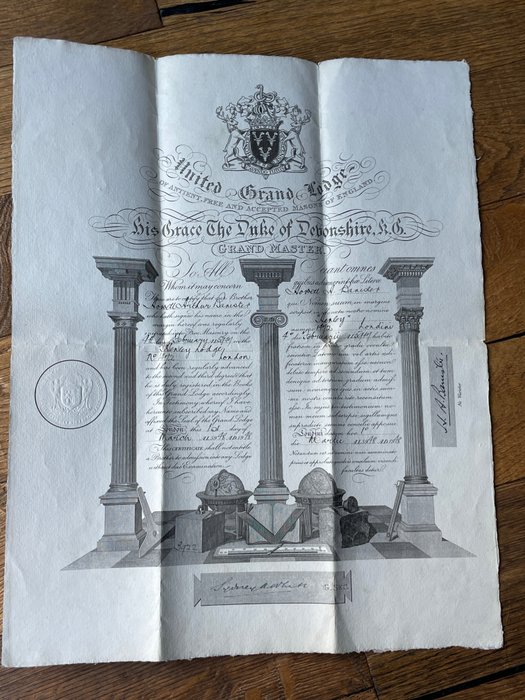 Reino Unido - Documento - Genuine 1948 Very Rare United Grand Lodge Masonic Initiation Certificates English/Latin - 1948