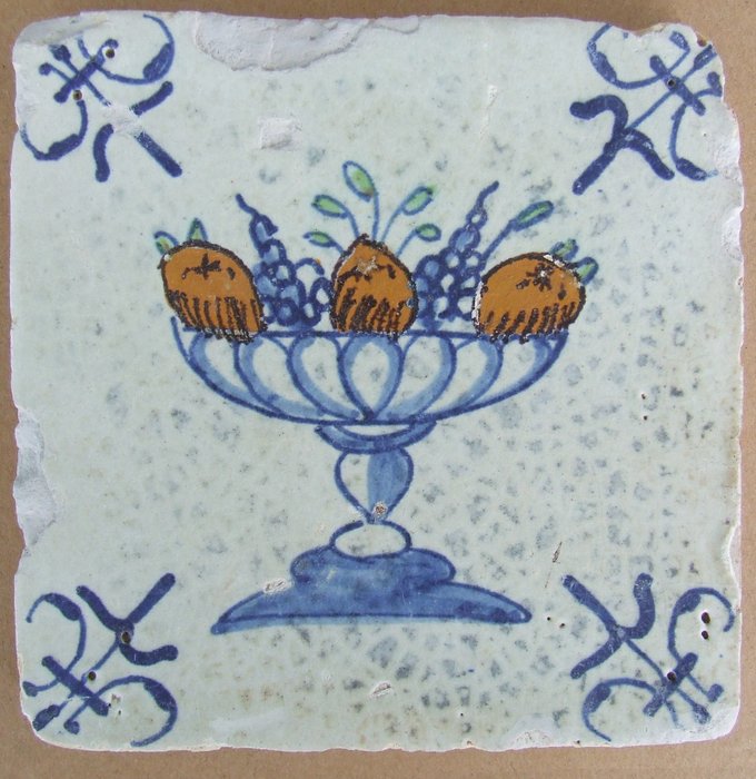  Tile - Colored Fruit Bowl with "Gouda" lily corners. - 1650-1700 