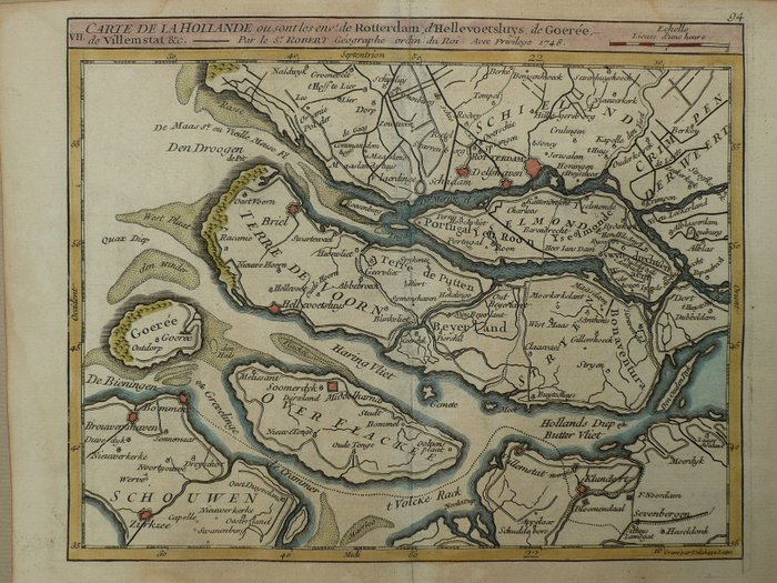 Holland, Kort - Sydhollandske øer, Rotterdam.; Robert de Vaugondy - Carte de la Hollande (...) - 1748