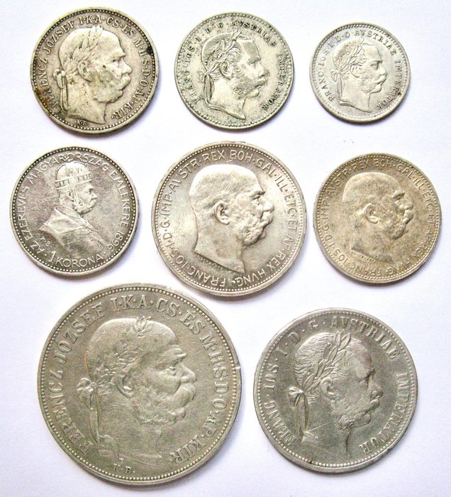 Itävalta. Franz Joseph. Type collection of 8 various coins 1868-1915 all silver  (Ei pohjahintaa)
