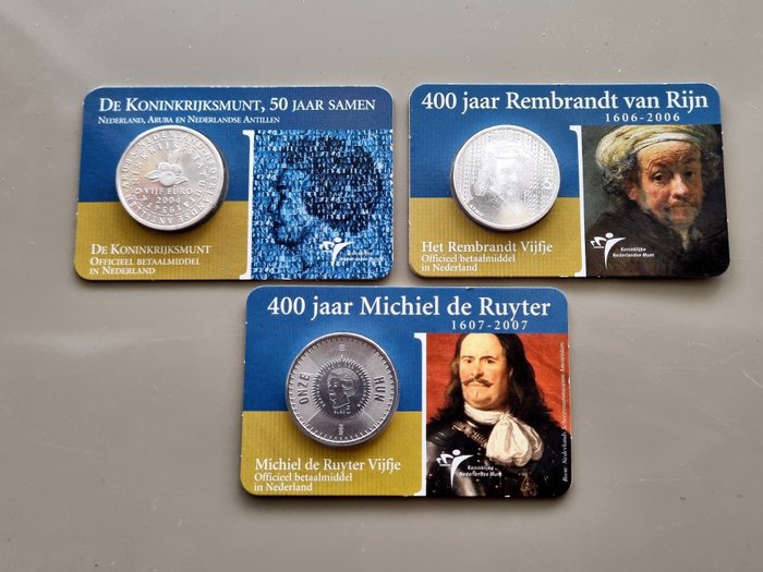 Paesi Bassi. 5 Euro 2004/2007 (3 coincards)  (Senza Prezzo di Riserva)