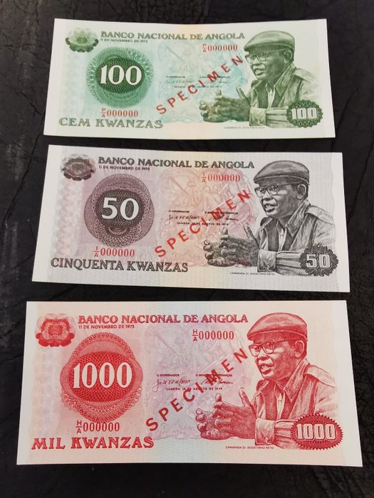 Angola. - 50, 100, 1000 Kwanzas 1979 - SPECIMEN overprint - Pick 110s, 111s, 113s  (Ingen mindstepris)