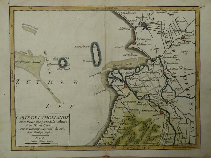 Netherlands, Map - Overijssel, Urk, Zuider Zee; Robert de Vaugondy - Carte de la Hollande (...)Veluwe, et de l'Over-Yssel. - 1748