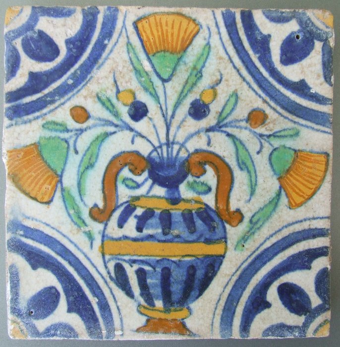  瓷磚 - 帶有玫瑰花結的彩色花瓶 - 1600-1650 
