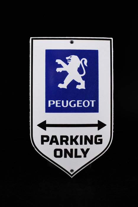 Sign - Peugeot - PARKING ONLY; enamel sign; EMBLEM