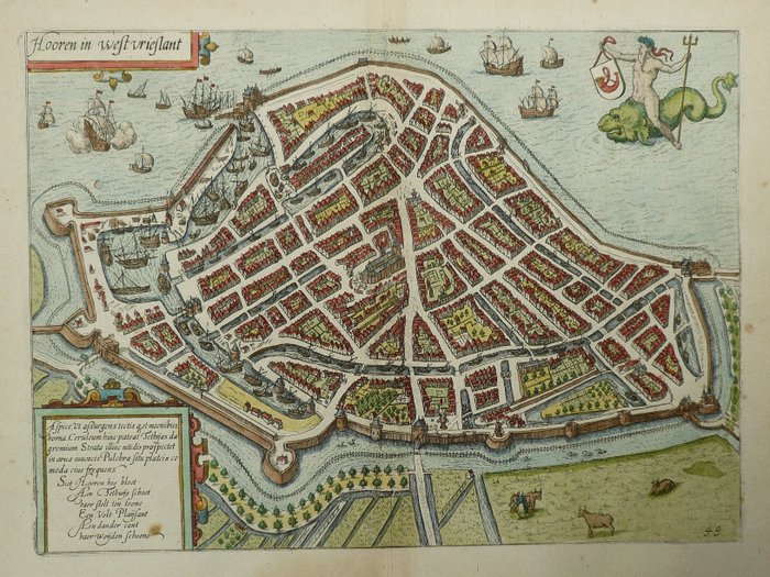 荷蘭, 地圖 - 喇叭; L. Guicciardini / W. Blaeu - Hooren in West Vrieslant - 1612