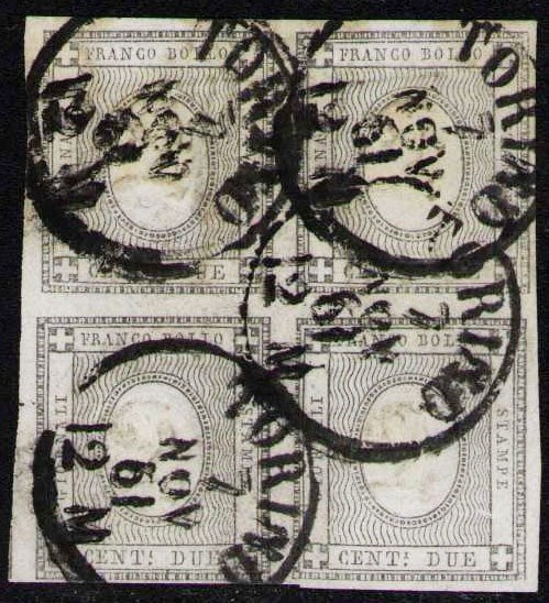 Starożytne państwa włoskie - Sardynia 1861 - 2 centy szary czarny, używany blok po cztery sztuki. Atestowany - Sassone 20