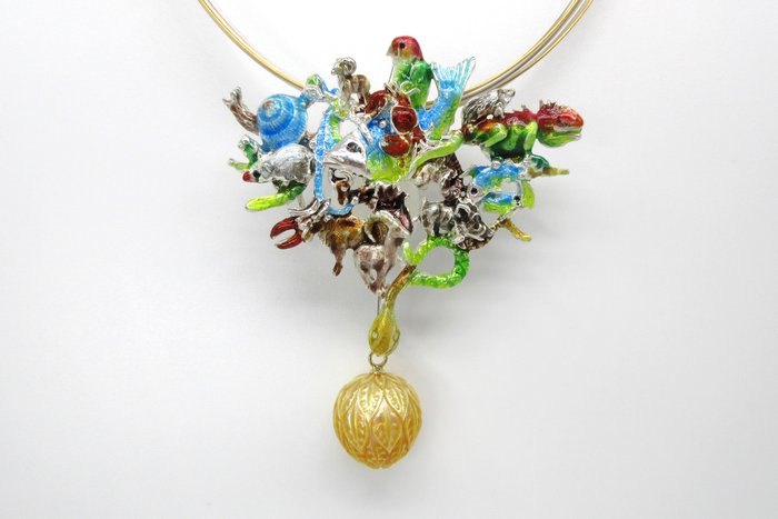 EHINGER SCHWARZ 1876 + AB Pearls 4U - Halskette mit Anhänger - GARTEN EDEN - Silber, Feueremaille & GEM goldene Südsee-Perle 