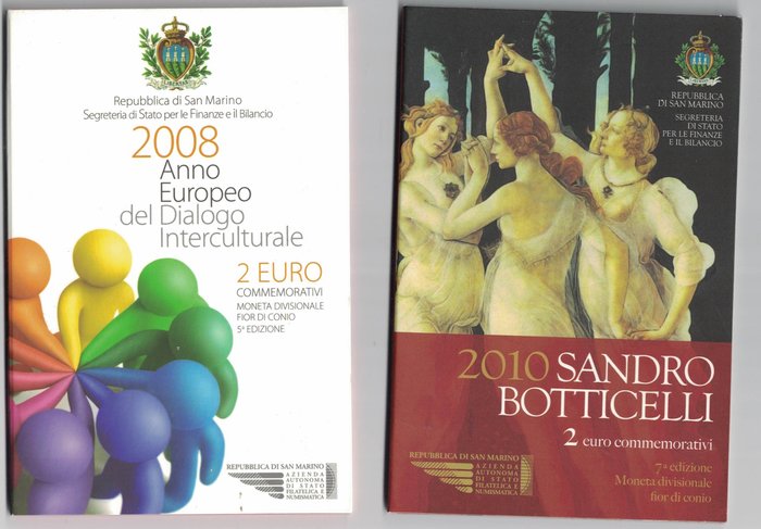 San Marino. 2 Euro 2008/2010 "Dialogo Interculturale" + "Sandro Botticelli" (2 monete)  (Nincs minimálár)