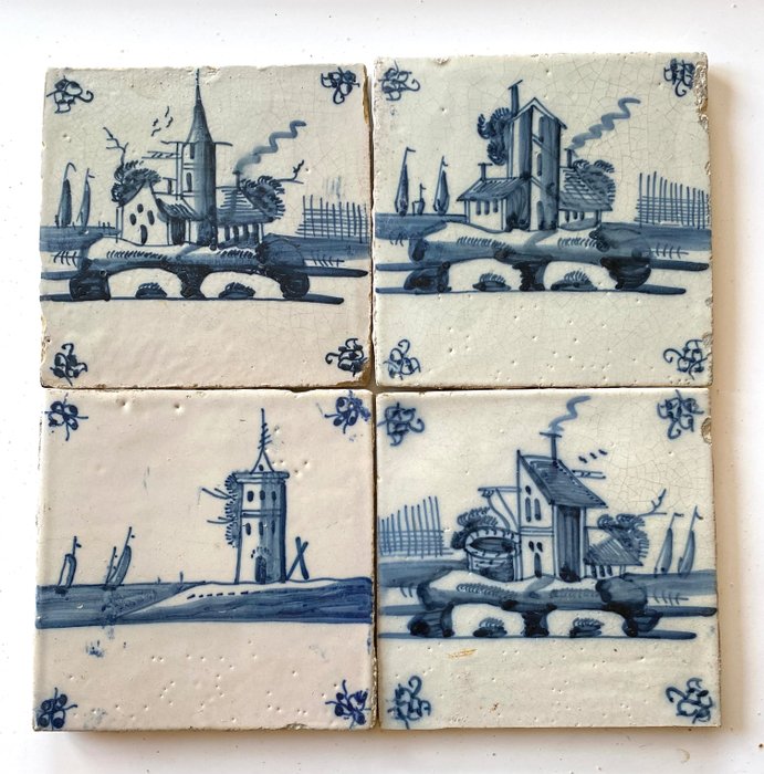  Azulejo - 4 hermosos azulejos de paisaje holandeses del siglo XVIII. - 1750-1800 