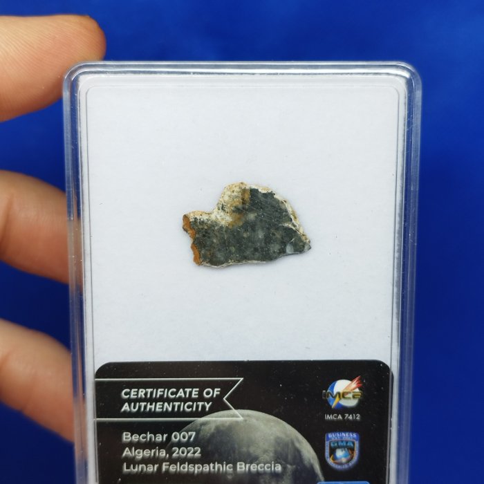 2,2 cm! Autentyczny plasterek meteorytu księżycowego -brekcja skaleniowa-. BECHAR 007 (Algieria, 2022). Bez ceny minimalnej!!! - 0.82 g