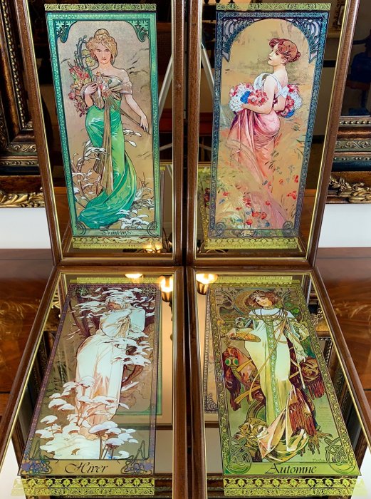 Alphonse Mucha (after) - Wall mirror (4)- "The Four Seasons" (Les quatre saisons) complete series  - Crystal, Wood, Original frame