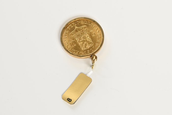 荷蘭. Wilhelmina (1890-1948). 10 Gulden 1917 in gladde gouden muntrand als hanger