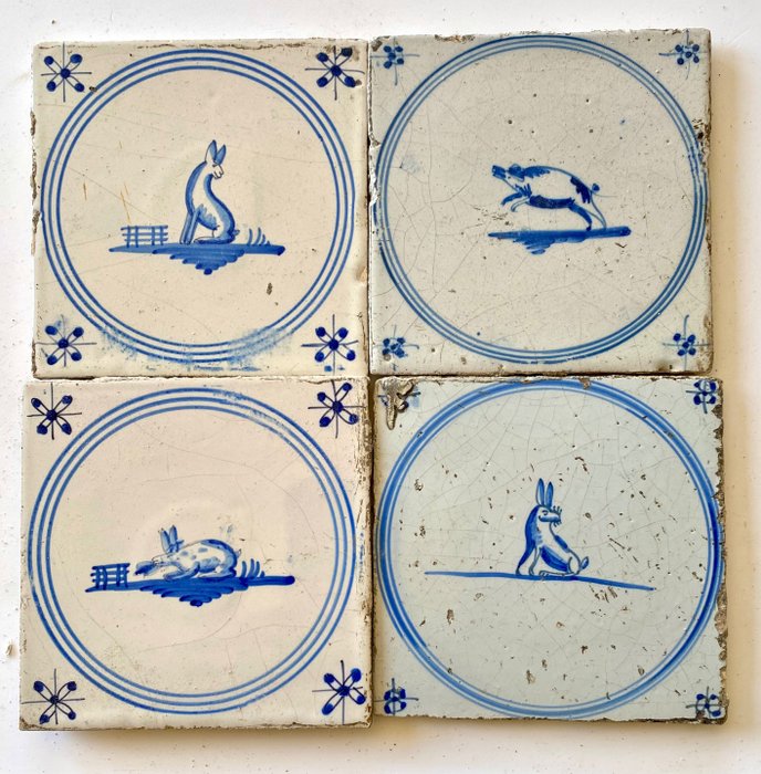  Tile - 4 beautiful 'jumpers' with nice images - 18th / 19th century - 1750-1800 