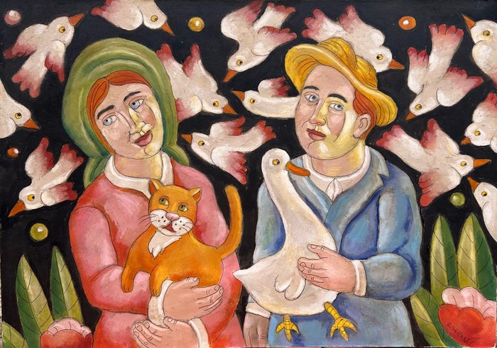 Roberto Sguanci (1948-2024) - Coppia con animali e colombi