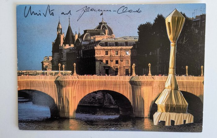 Christo & Jeanne-Claude (1935-2020) - Cartolina con Collage - Progetto "The Pont Neuf Wrapped", Parigi