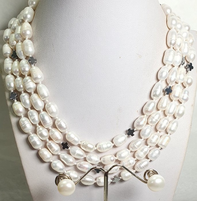 Pearl - HIGH QUALITY natural pearl necklace and earrings with Greek crosses - 925 silver - Necklace