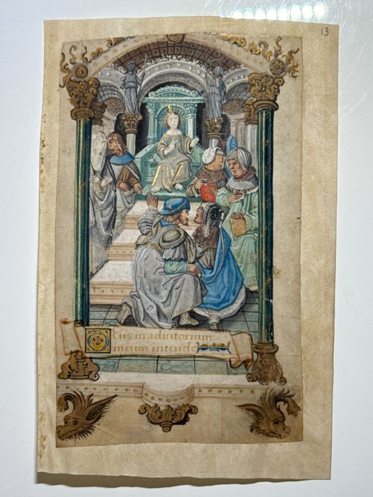 Scriptorium of the Middle Ages, Netherlands. From a Book of Hours. - Large Parchment Illumination with Miniature and Initial and two lines of handwritten text - 1470
