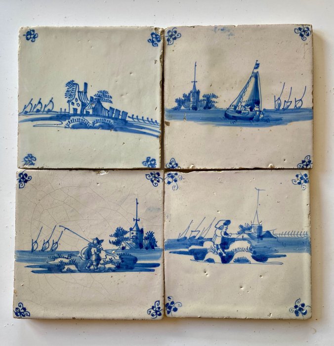 Azulejo - 4 hermosos azulejos de paisajes holandeses - 1700/1750 - 1700-1750 
