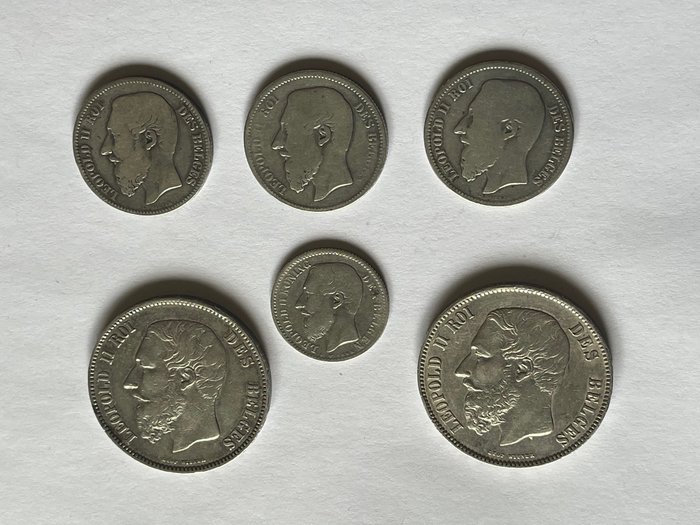 Belgia. Leopold II (1865-1909). 1, 2 and 5 Francs 1867/1873 (6 x)  (Ingen reservasjonspris)