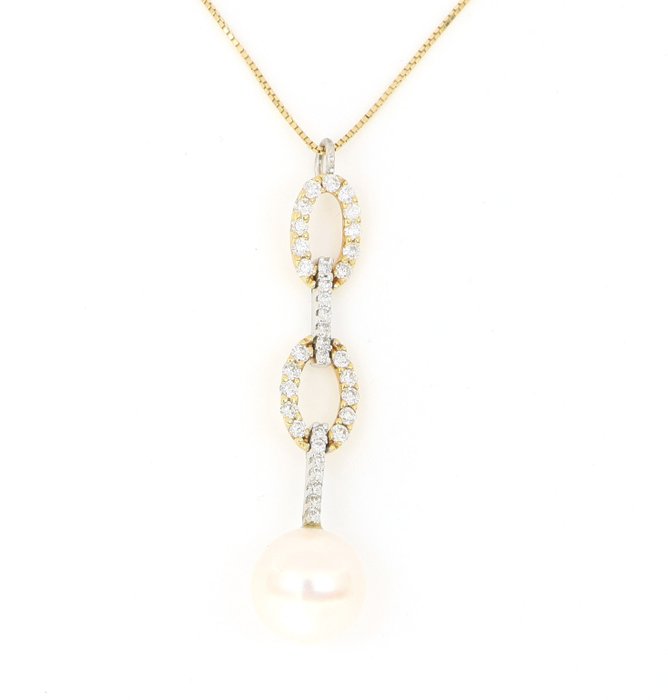 Ohne Mindestpreis - Halskette - 18 kt Gelbgold, Weißgold -  0.45 tw. Diamant  (Natürlich) - Perle 