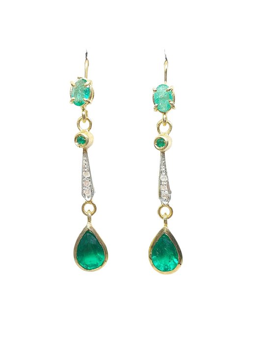 No Reserve Price - Earrings - 9 kt. Silver, Yellow gold Emerald - Diamond 