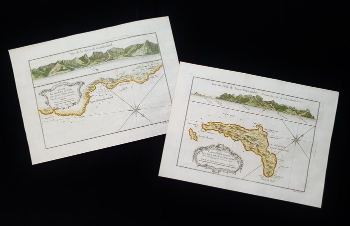 美国, 地图 - 南美洲 / 智利 / 胡安·费尔南德斯岛; La Haye / P. de Hondt / J.N. Bellin - [Lot of 2 maps] Carte Particuliere de l'Isle de Juan Fernandez / Cote du Nord Est de l'Isle de Juan - 1721-1750