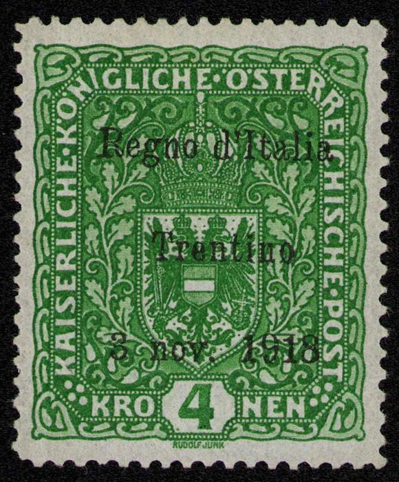 Italy - Trentino 1918 - Austria 4 crowns overprinted. Splendid example, excellently centred. Certificate - Sassone 17