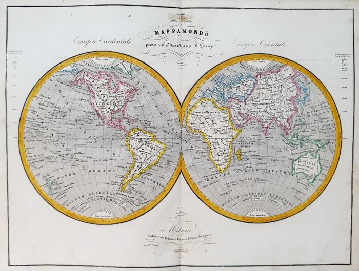 Glob, Mapa - Mapa świata na półkulach / kuli ziemskiej; Pagnoni / Allodi / Naymiller - Mappamondo: Emisfero Occidentale ed Emisfero Orientale - 1851-1860