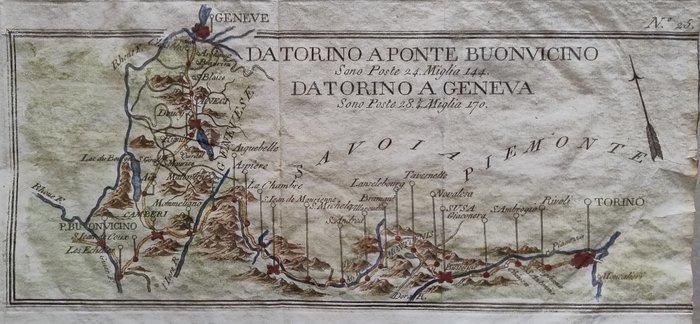 歐洲, 地圖 - 義大利/皮埃蒙特/都靈/瑞士/日內瓦; Barbieri - Da Torino a Ponte Buonvicino Sono Poste 24 Miglia 144. Da Torino a Geneva Sono Poste 28 1/4. Miglia - 1761-1780