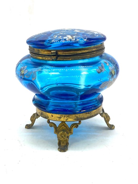Portagioie - Grande Scatola / scrigno per gioielli a forma ovale in vetro bombato e molato finemente decorato