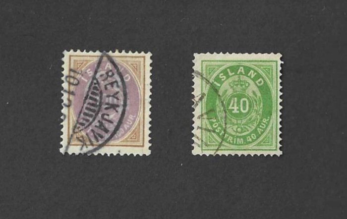 Iceland 1876/1892 - Selection of 2 key values - 40 AUR and 100 AUR - Michel 11 and 17